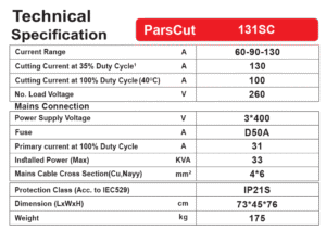 جدول مشخصات فنی دستگاه برش پلاسما گام الکتریک PARS Cut SC 131